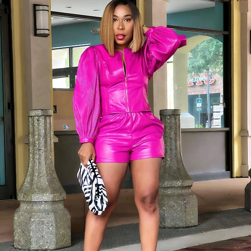 

Women PU Leather 2 Piece Set O-Neck Pleated Long Lantern Sleeve Zipper Jackets Tops And Shorts Fashion Casual Streetwear Suits