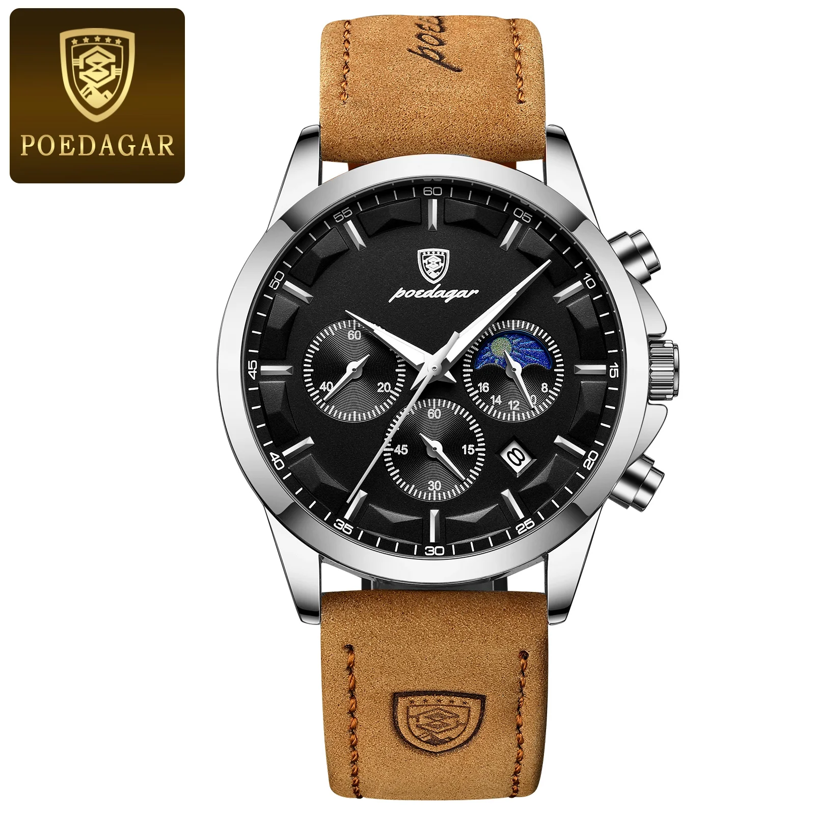 POEDAGAR Sport Luxus Männer Quarzuhr Wasserdicht Chronograph Leucht Datum Mann Armbanduhr Business Leder herren Uhren Uhr 3