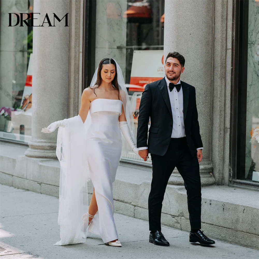 

Simple Sheath Satin Wedding Dress Women 2025 Strapless Open Back Split Sleevess Pleat Bridal Gown Vestidos De Novia Customized