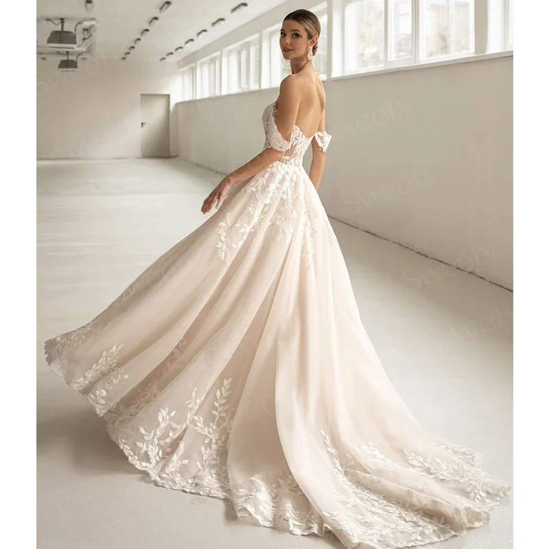 Abito da sposa elegante con scollo a barca in organza di pizzo con ricamo abito da ballo a trapezio senza maniche abito da sposa cerniera posteriore Vestido De Novi