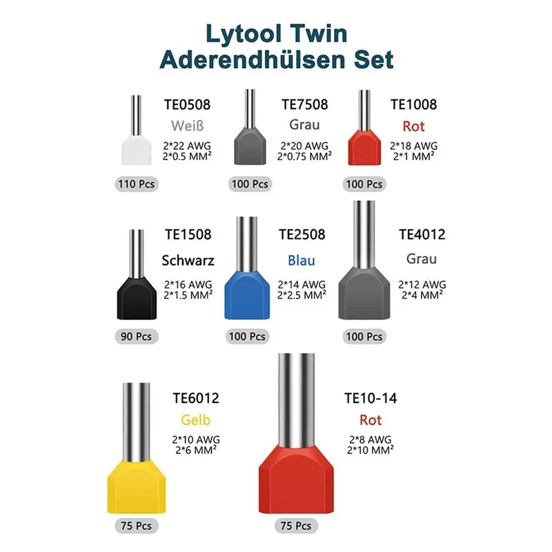 DT17 Twin Wire Ferrules Kit 3000pcs Wire Terminal Ferrules Crimp Connector Dual Bootlace Ferrule Terminator Kit
