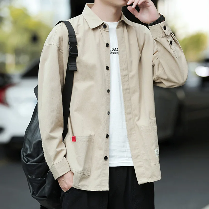 Spring 2023 Men's Oversized Cotton Cargo Shirt Long Sleeve  Collar Fleece Lined Thickened Special Wide Fit Men's Shirt