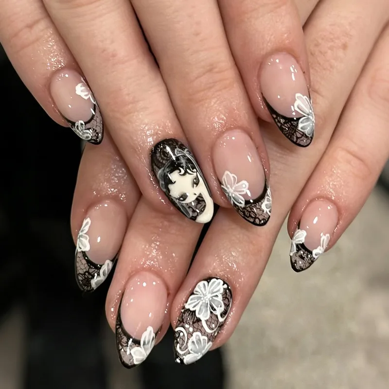 

24PCS Gothic Girl Almond Press on Nails Black Lace French White Flowers Patterns Fake Nails for Women Detachable False Nails Art