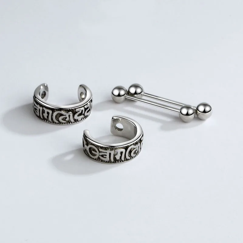 Vintage six character truth Earrings Trendy Men\'s Jewelry Personality Cold Thai Silver Earring Boy\'s Literary Earrings KOFSAC