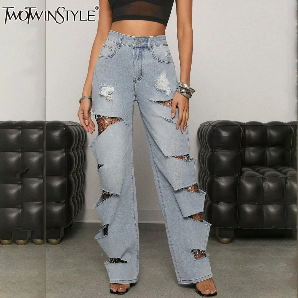 

TWOTWINSTYLE однотонные свободные полые модные джинсы для женщин с высокой талией лоскутные рваные широкие брюки женская одежда