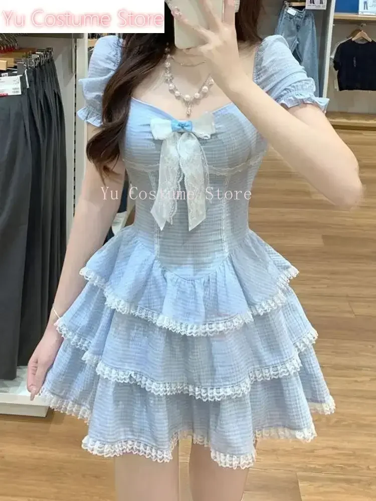

Summer Sweet Kawaii Blue Plaid Dress Woman Lolita Lace Y2k Mini Dress Short Party Elegant Dress Korean Fashion Yu Costume