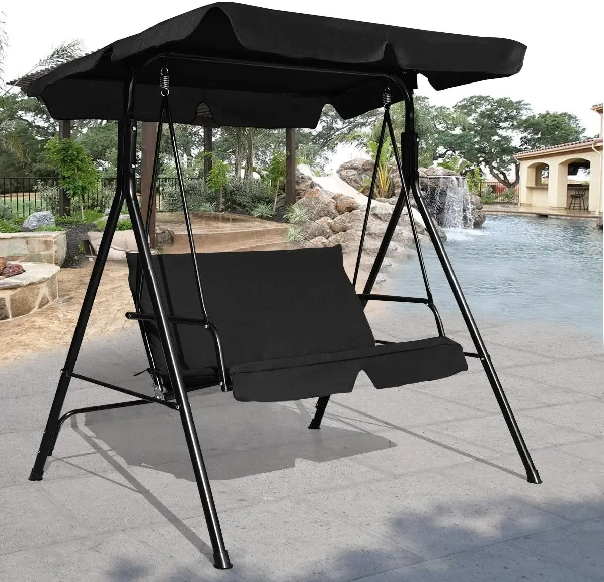 Swing Chair, Hanging Porch Bench For Garden Pool Backyard With Canopy, Adjustable Screen Cushions Patio Steel Outdoor Black