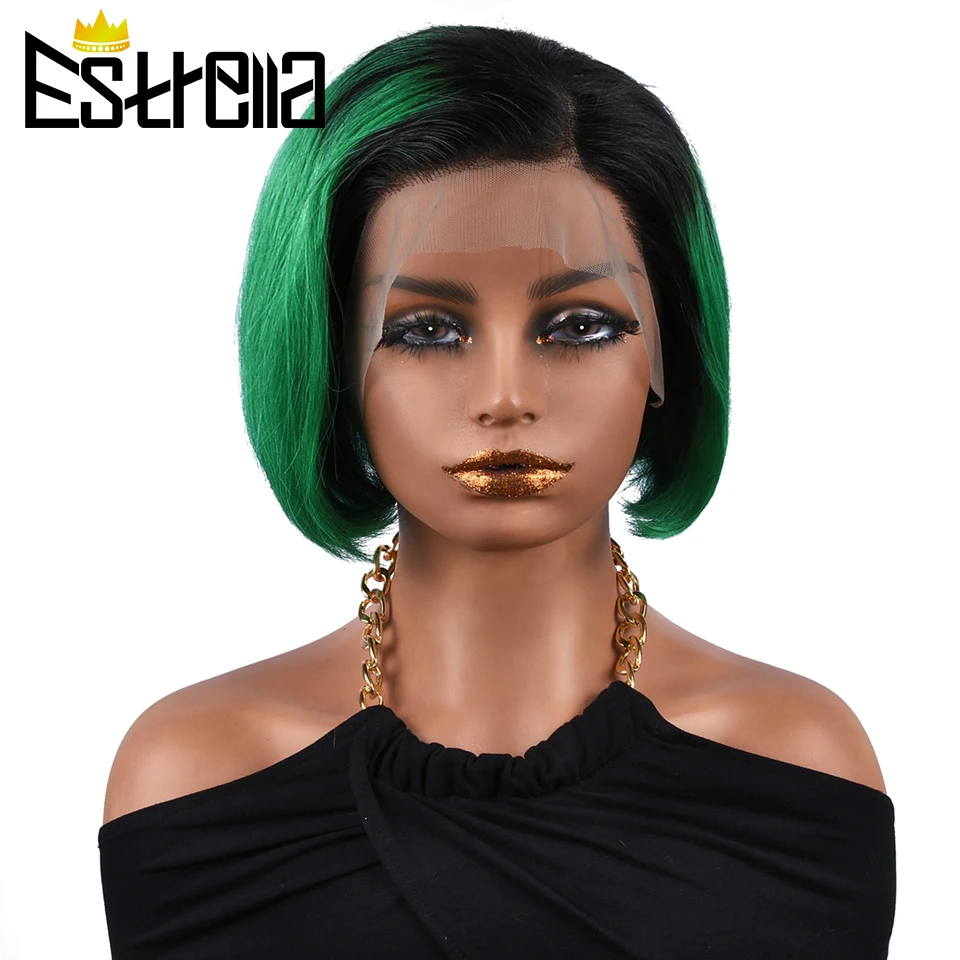 Ombre Green Short Wavy Bob Wig 13×4 Lace Front Human Hair Wigs For Women Human Hair Lace Frontal Wig 1B Green Brazilian Lace Wig