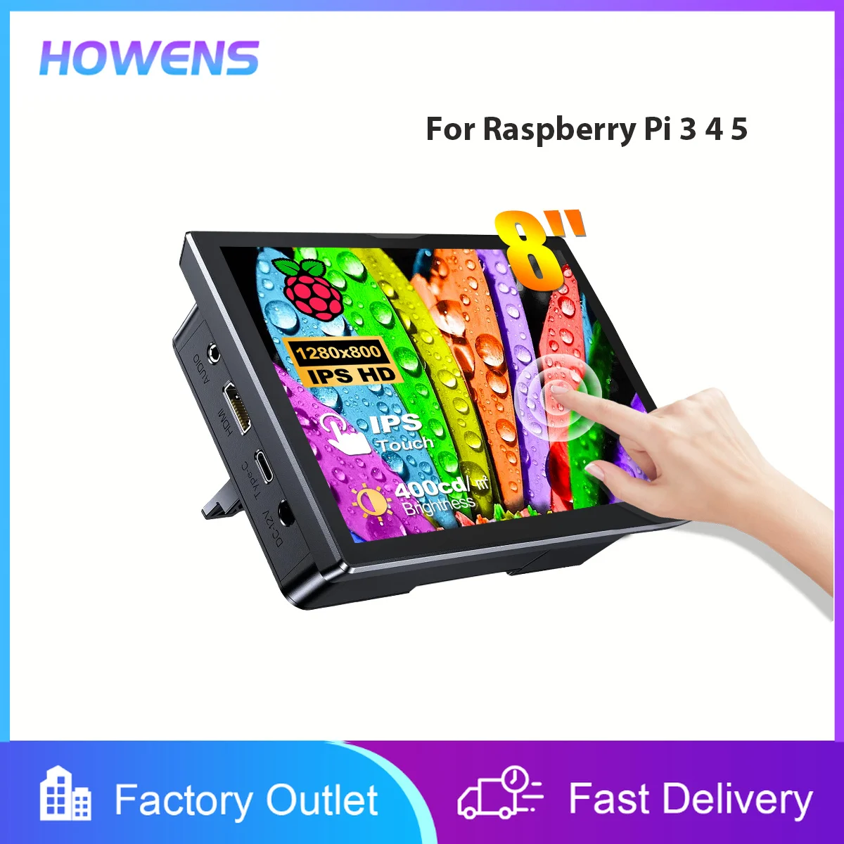 8 inch Raspberry Pi 5 4 3 Touch Monitor 1280x800 LCD HDMI- Display for RPI 4B 3B + DIY PC Secondary Screen Built in Fans Speaker