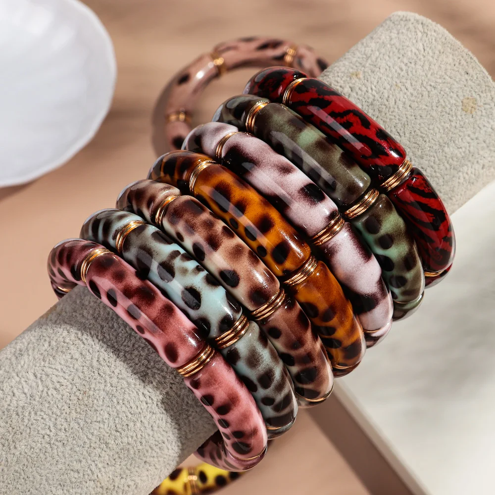 Vintage Acryl Leopard Elastische Gebogene Rohr Perlen Armbänder Neue Stretch Dicken Armreif frauen Mode Schmuck Geschenke – Detail 3