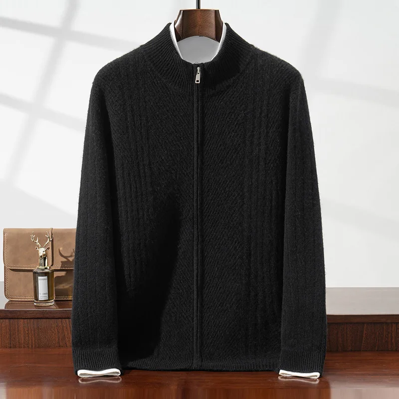 Autumn Winter New Men's Cardigan 100% Cashmere Twill Ribbed Zipper Half High Collar Knitwear Loose Business Casual Jacket