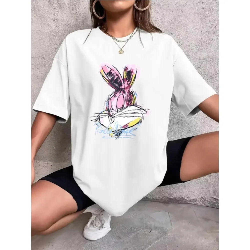

2025 The Latest Rabbit Print Cotton T-shirt Loose Large Size Women's Casual Short Sleeve Summer Comfortable Breathable T-shirt