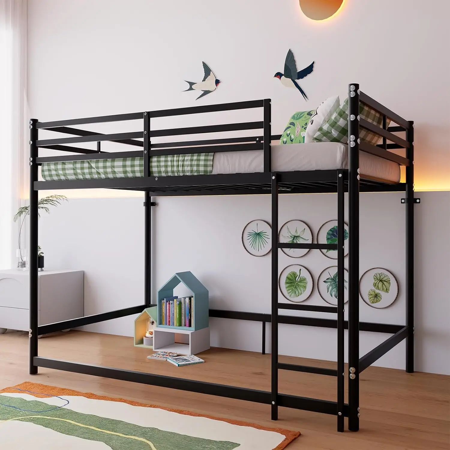 Twin Metal Loft Bed with Four Lower Connecting Rails, Ladder and 16.14 in. Guardrails, 400 lbs Capacity, 19 Slats