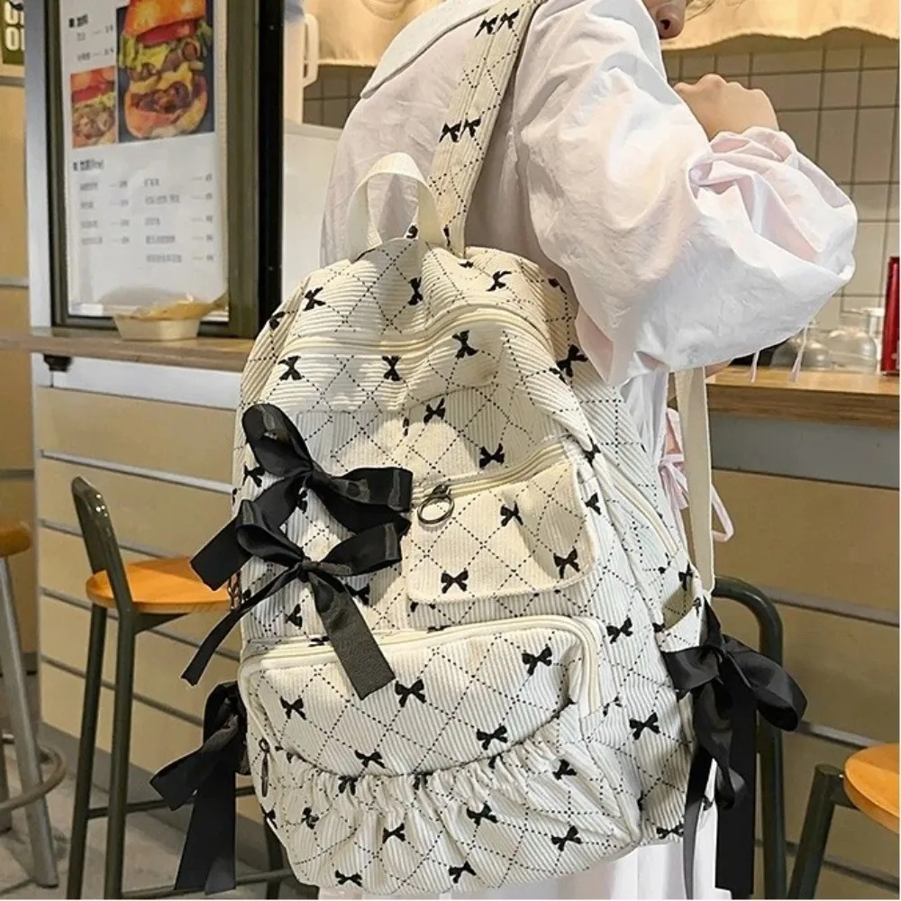 Mode Corduroy Strik Schooltas Grote Capaciteit Strik Print Rugzak Tas Ins Stijl Veelzijdige Rugzak Student