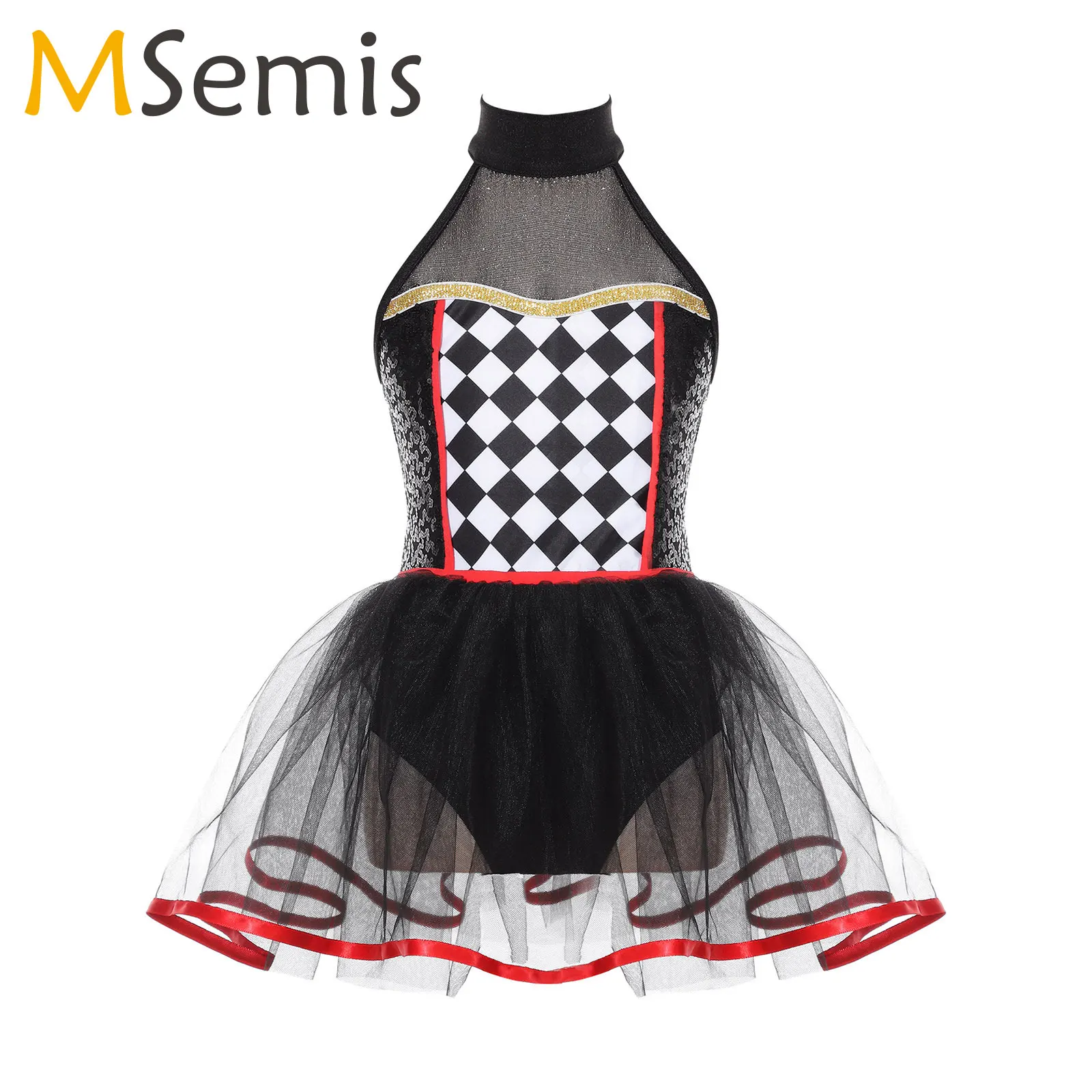 Kid Girl Halloween Doll Clown Evil Zombie Costume Halter Neck Checkerboard Sequins Tutu Dancewear Fancy Dress Up Cosplay Costume