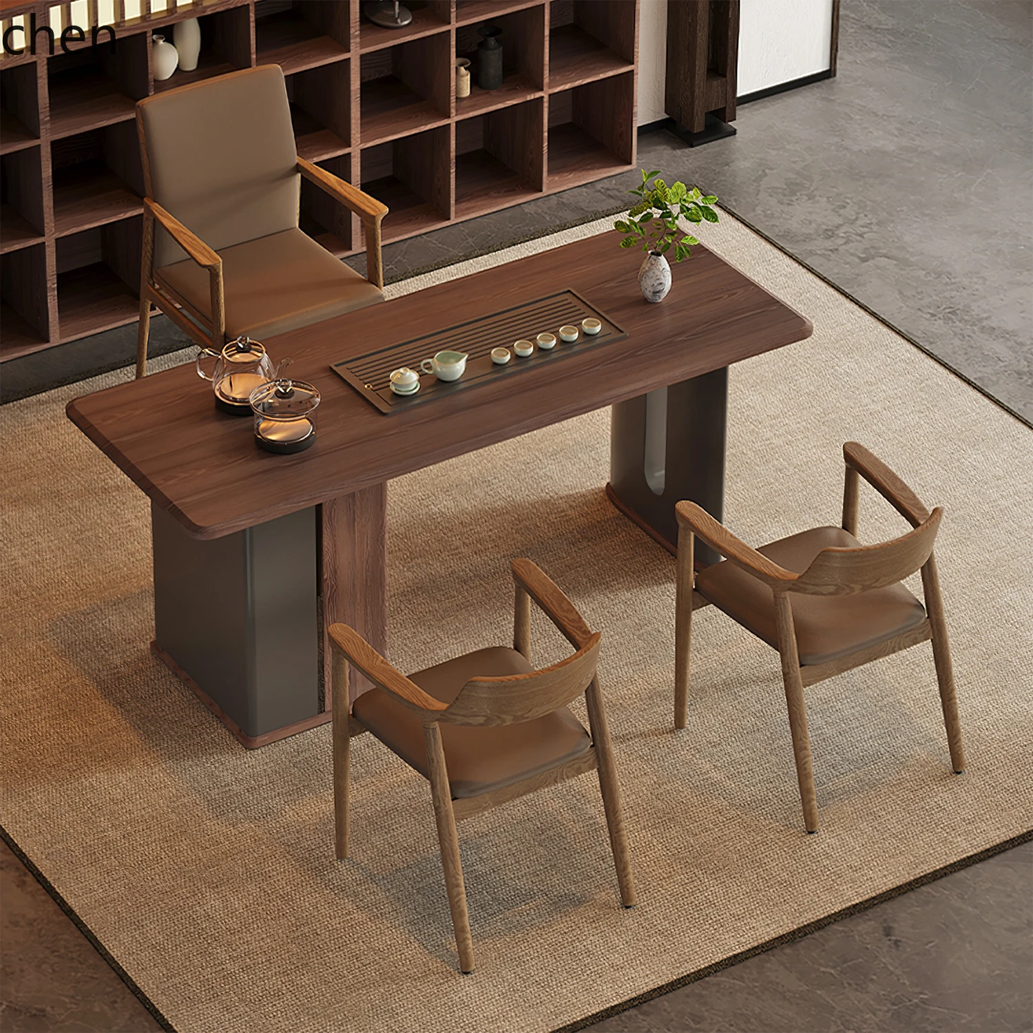 CZ Living Room Home Office Tea Set Walnut Solid Wood High-end Tea Table with Integrated Kettle Fully