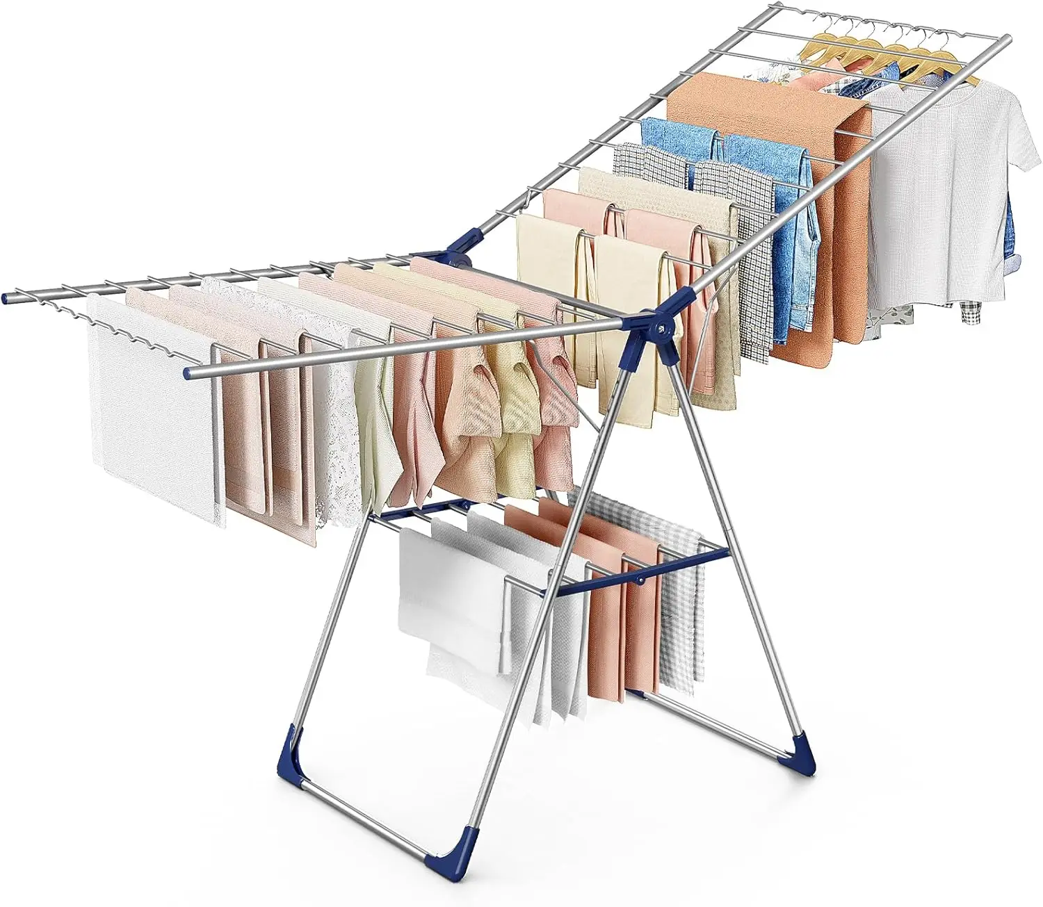 

Clothes Drying Rack with Height-Adjustable Wings, Metal Foldable Laundry Dryer Stand for Clothing & Bedding, Free-Standing Colla