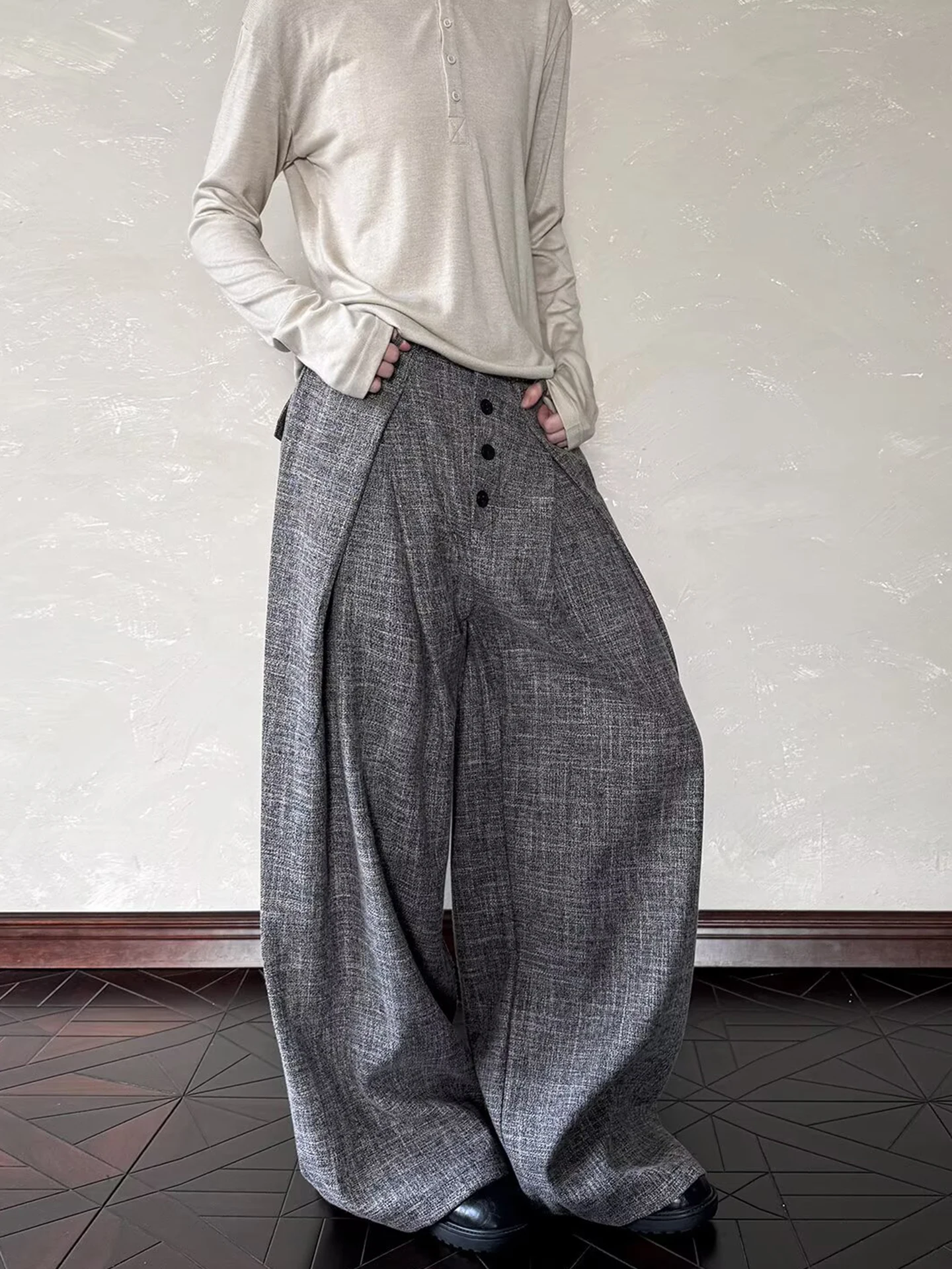 

Американские ретро-брюки с плиссировкой и пуговицами, свободные прямые повседневные брюки унисекс, высококачественные, с эффектом драпировки