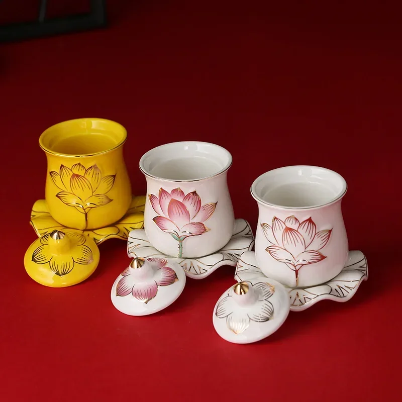 

Ceramic Lotus Cup Relief Drawing Lotus Guanyin Cup with Lid and Saucer Tea Set Living Room Coffee Table Decoration Accessories