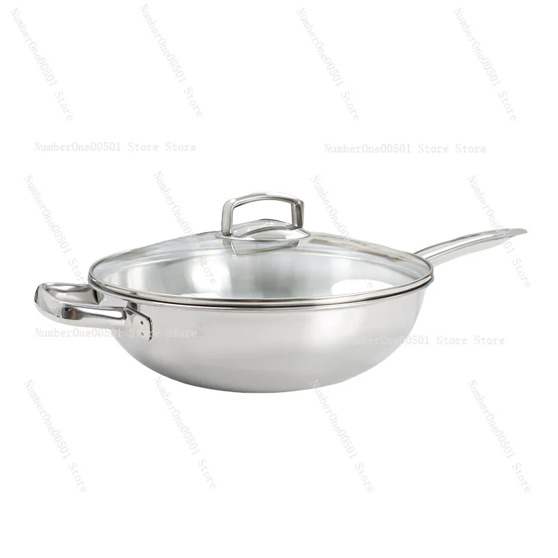

German Stainless Steel Chinese Wok 30cm No Coating Frying Pan For Gas Induction Cooker Deep Round Bottom Design