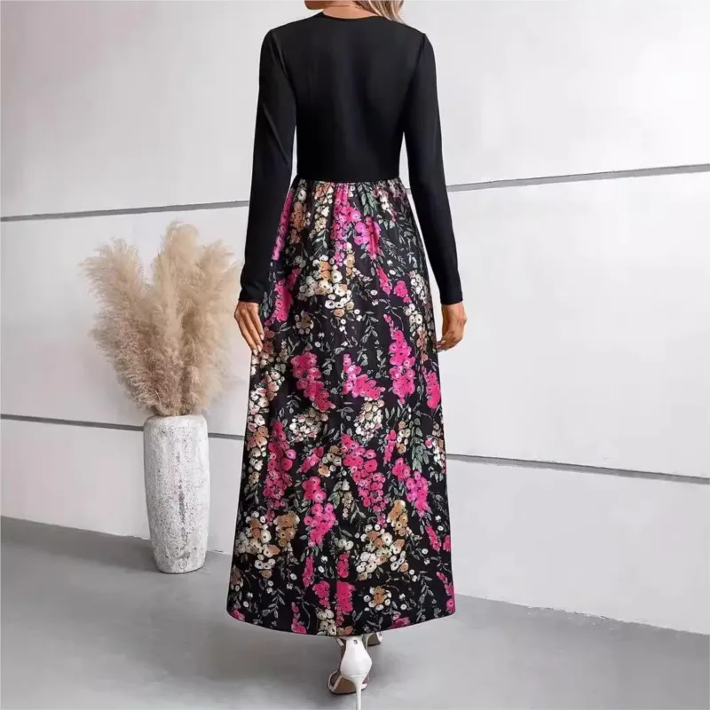 Moda Vintage Floral Dress Women Sundress 2024 Autumn Casual Long Sleeve Maxi Long Vestidos Female A Line Patchwork Robe Dress