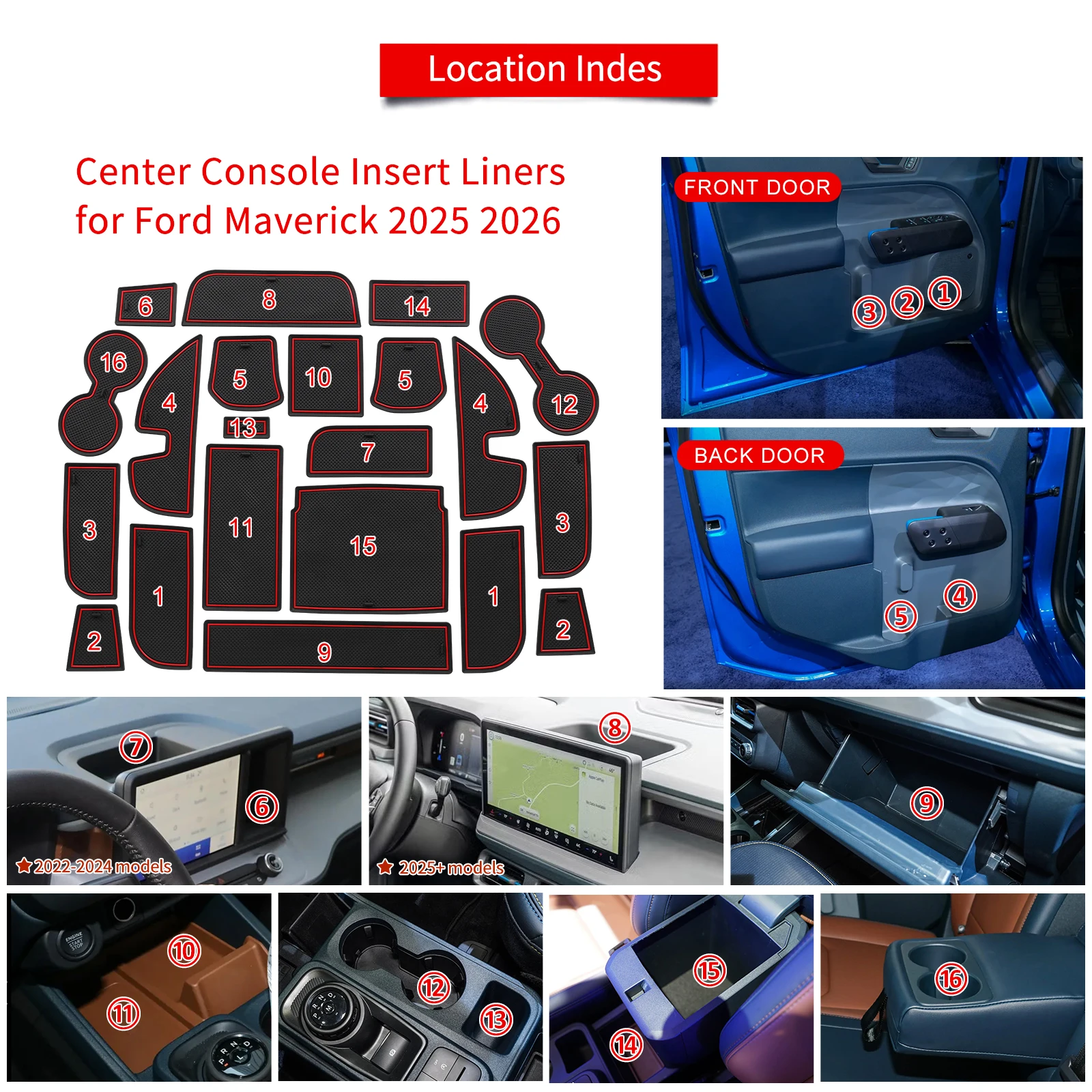 for Ford Maverick 2025 2026 Center Console Non-Slip Gate Slot Mat Liners Door Groove Pad Protective Storage Box Pad Accessories