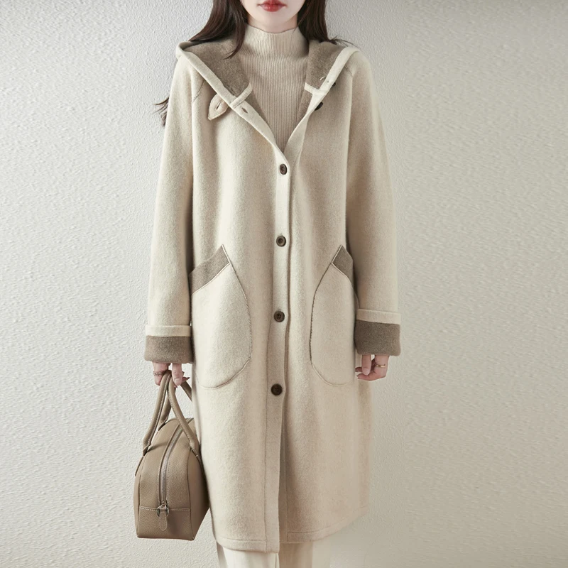 

New autumn and winter high-end long sleeved knitted women's cardigan 100% Australian wool coat casual coat long hooded coat