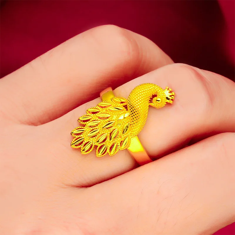 

Women's Peacock Open Ring 24K Gold AU999 - Traditional craft, 3D peacock pattern, adjustable opening, for dress outfits
