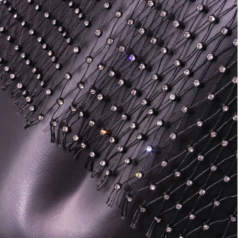 Sexy Bling Mesh Macrame Rhinestone Women Swimsuit Veil Shorter Sleeves Diamond Fishnet Hollow Out See Through Party Top