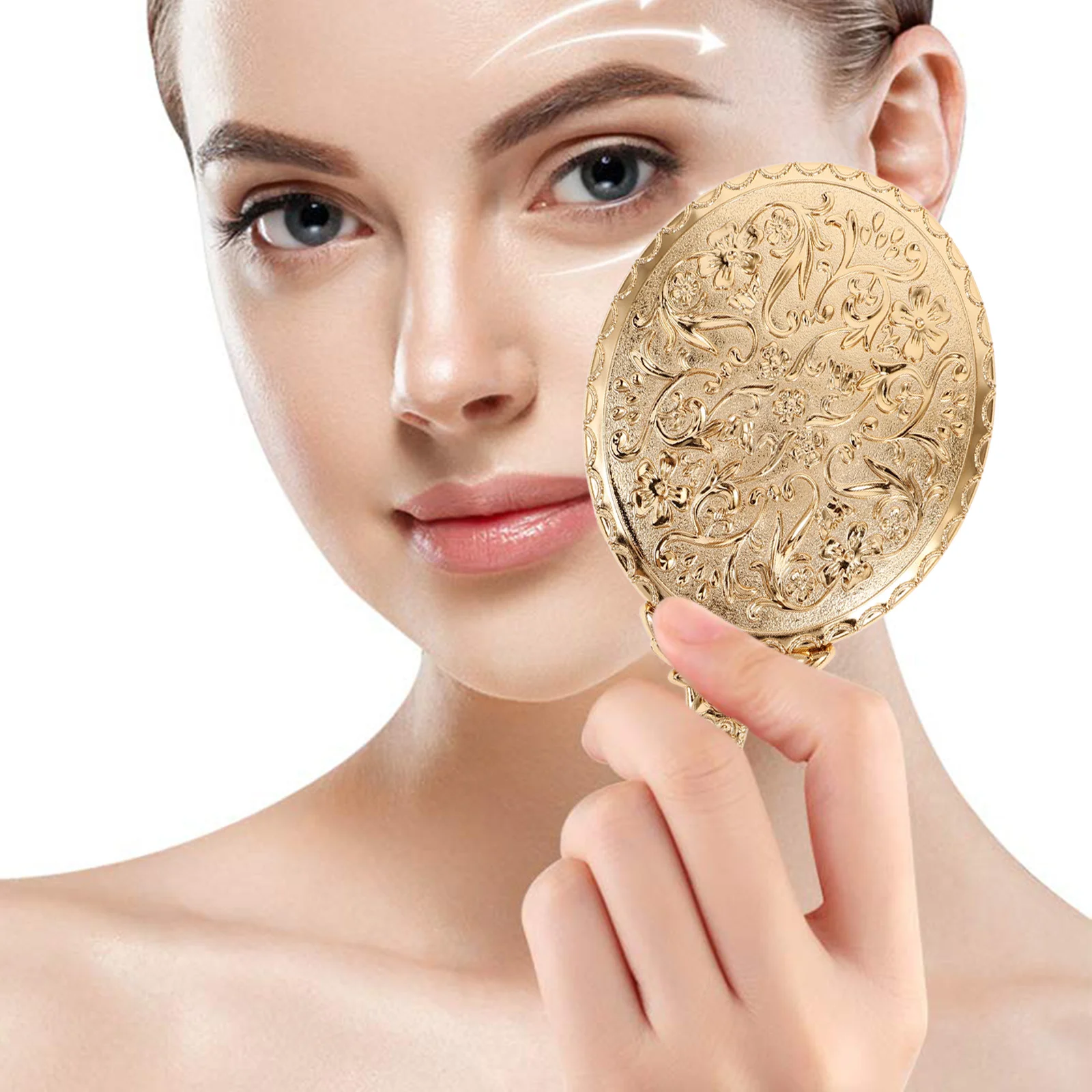 

1Pcs Carved Retro Rose Gold Handle Mirror Portable Oval Shaped Handheld Makeup Mirror Travel Accessory