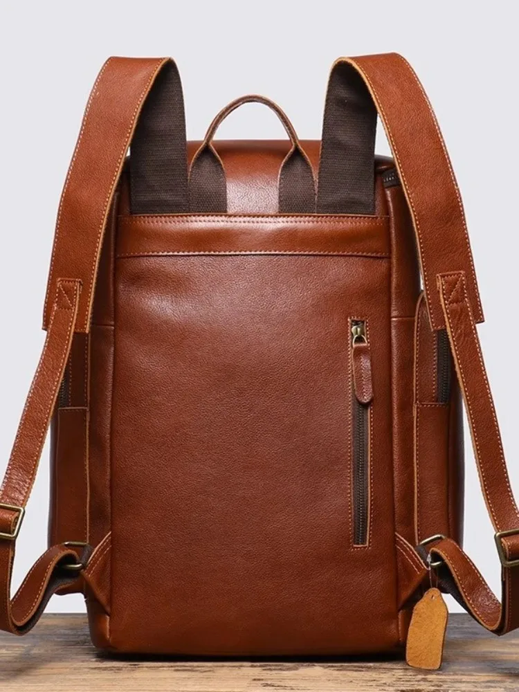 Vintage Men Cowskin Genuine Leather Backpack Handmade Large Capacity Travel Bag Casual Solid Color Mens School Laptop Backpacks