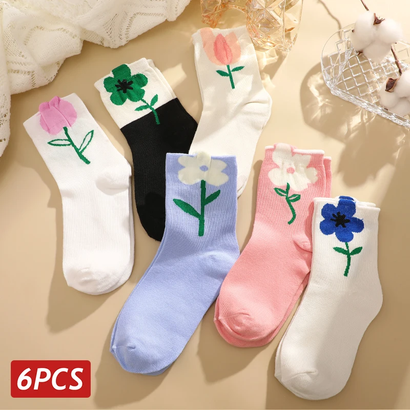 6 Pairs Women Flowers Socks Holiday Mid-calf Socks Winter Warm Soft Comfortable Sports Socks Cute Flowers Pattern Socks One Size