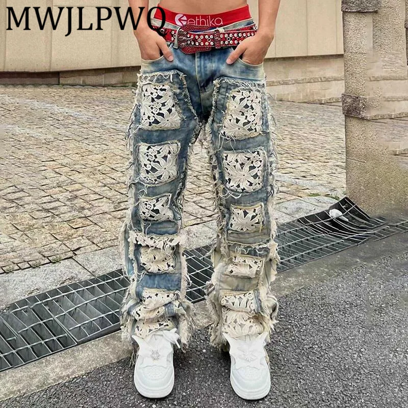 

MWJLPWQ Heavy Embroidery Design Jeans For Men Embroidered Streetwear Rough Edge Niched Casual Straight Long Pants Tide New 12450