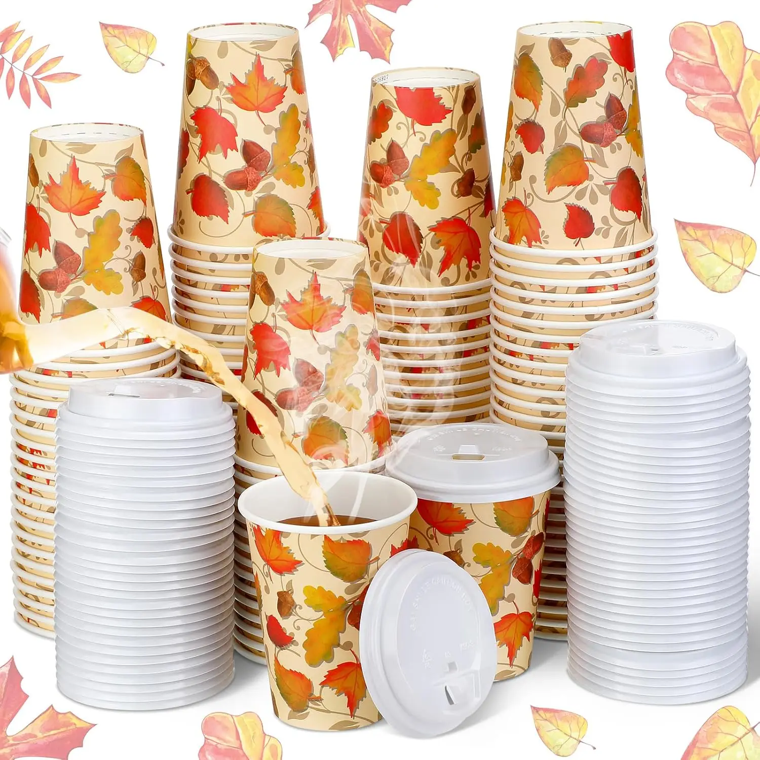 

120 Pcs 12 oz Fall Disposable Coffee Cups with Lids Autumn Paper Cups Thanksgiving Maple Leaves Paper Cup Fall Beverage