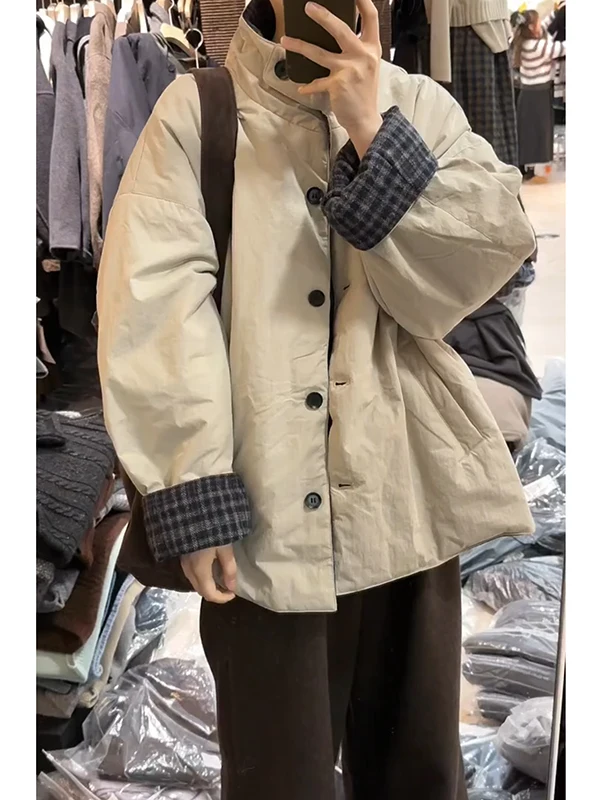 

Korean Plaid Double-Sided Wear Cotton Jacket Women's Thickened Winter Coat Trendy Warm Outerwear Straight Tube Style Long Sleeve