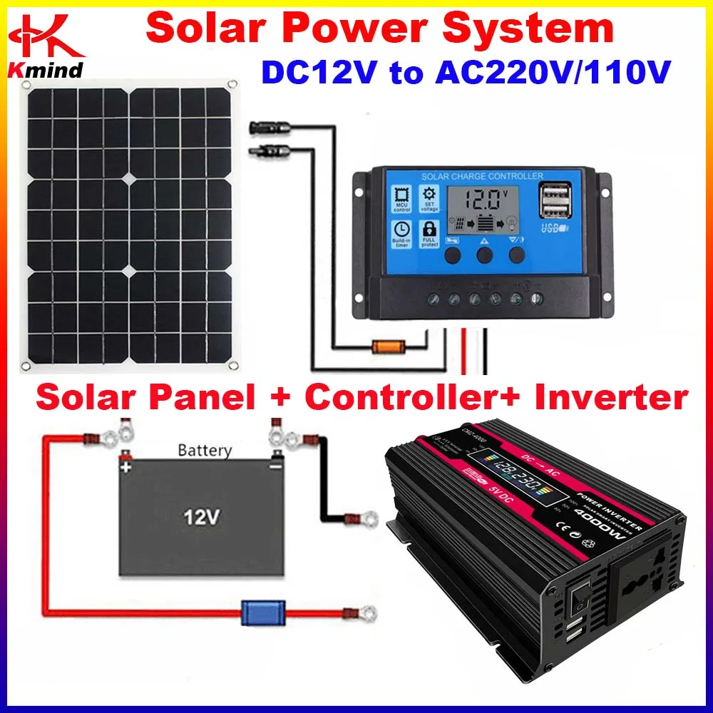 Solar Power Generator = Inverter 12V to 110V / 220V 230V Sine Wave 300W Peak 4000W + 18W Solar Panel Kit + 30A Charge Controller