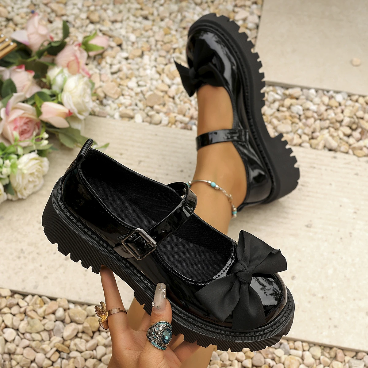 Women'S Shoes Loafers Black - รองเท้าโลฟเฟอร์ลำลองสีดำขนาดใหญ่รุ่นใหม่ปี 2026 สำหรับนักเรียน รองเท้าผู้หญิงแฟชั่นฤดูใบไม้ผลิและฤดูร้อน ตกแต่งโบว์สไตล์แมรี่เจน