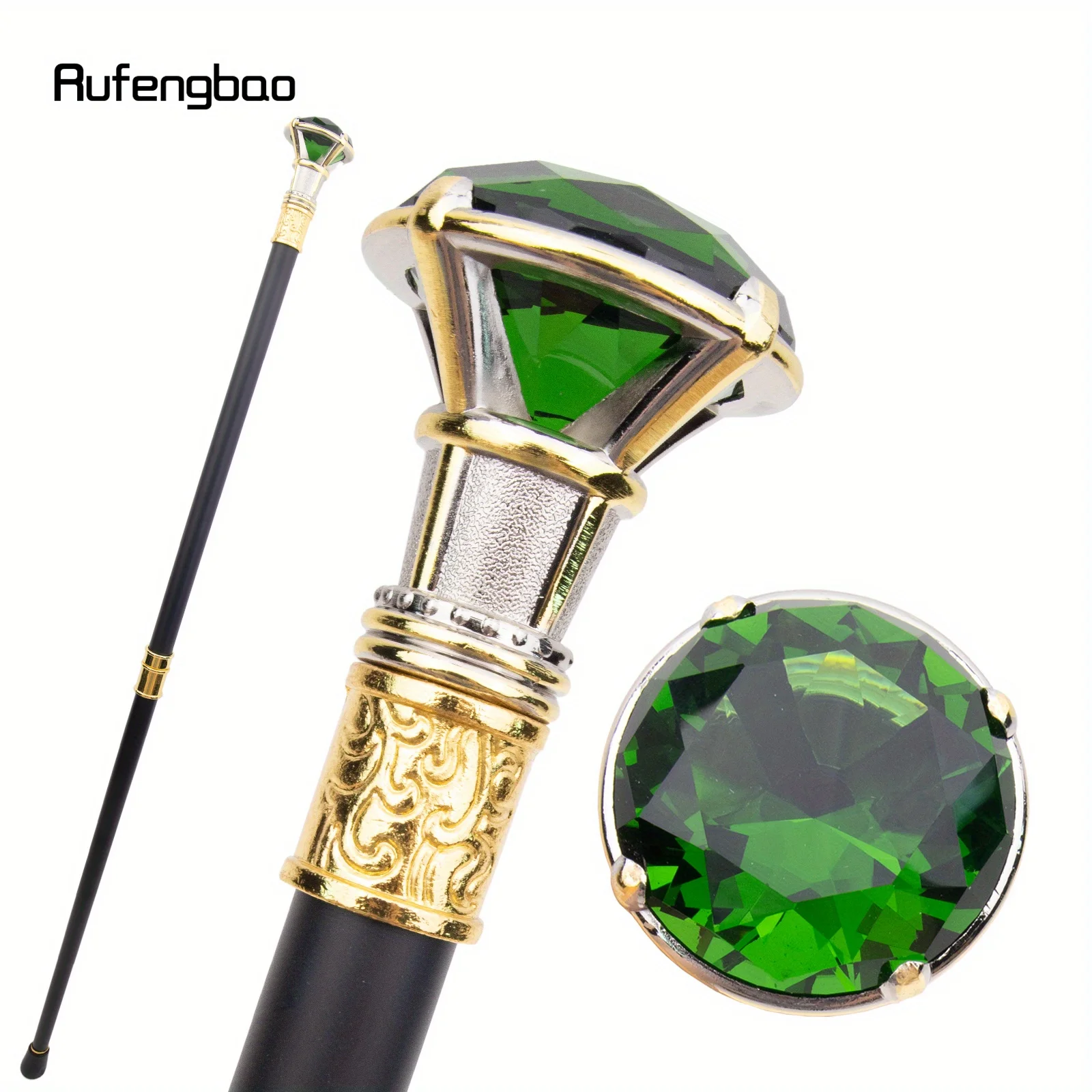 Green Diamond Type Golden White Cane Fashion Stick  Elegant Cosplay Cane Knob Crosier Performance Stage Cane 90cm