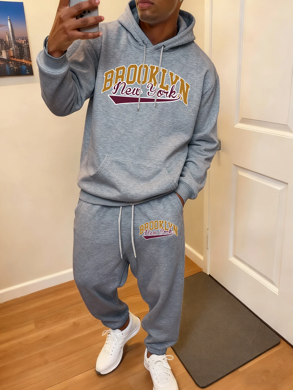 2 قطعة مجموعة هوديي الرجال بروكلين نيويورك الولايات المتحدة الأمريكية إلكتروني يطبع Sweatpants عادية الصوف جيب هودي بنطلون رياضي الشتاء ملابس فضفاضة