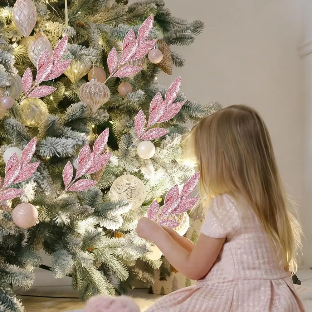 3/12Pcs Pink Glitter Leaf Picks Artificial Stems for Christmas Tree DIY Wreath Wedding Table Centerpiece Winter Party Decor