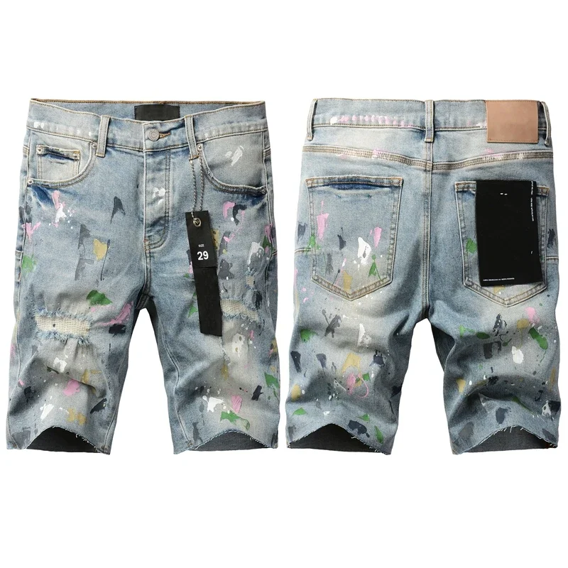 

fashion Purples 2024 Jeans Men Trendy Elastic Edged Middle Pants Irregular Blue Color Washed Denim Shorts brand pants