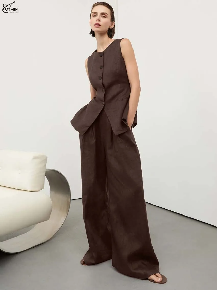 

Oymimi Fashion Brown 2 Piece Sets Woman Outfit Elegant O-Neck Sleeveless Single Breasted Shirts And Pockets Straight Pants Sets