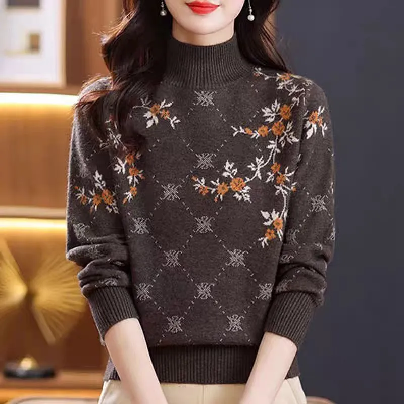 Pull en laine imprimé Vintage pour Femme, haut en laine, manches longues, col roulé, chaud, vêtements bas, chemisier tricoté