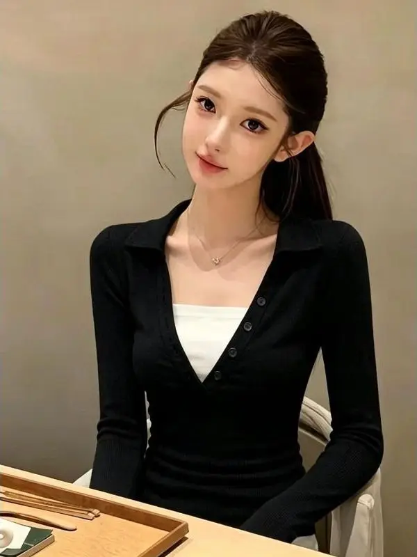 Color Block Slim Fit Short Sleeve Women's T-Shirt Fake Two-Piece Long Sleeve  Shirt Casual Breathable Cotton Blend Fabric