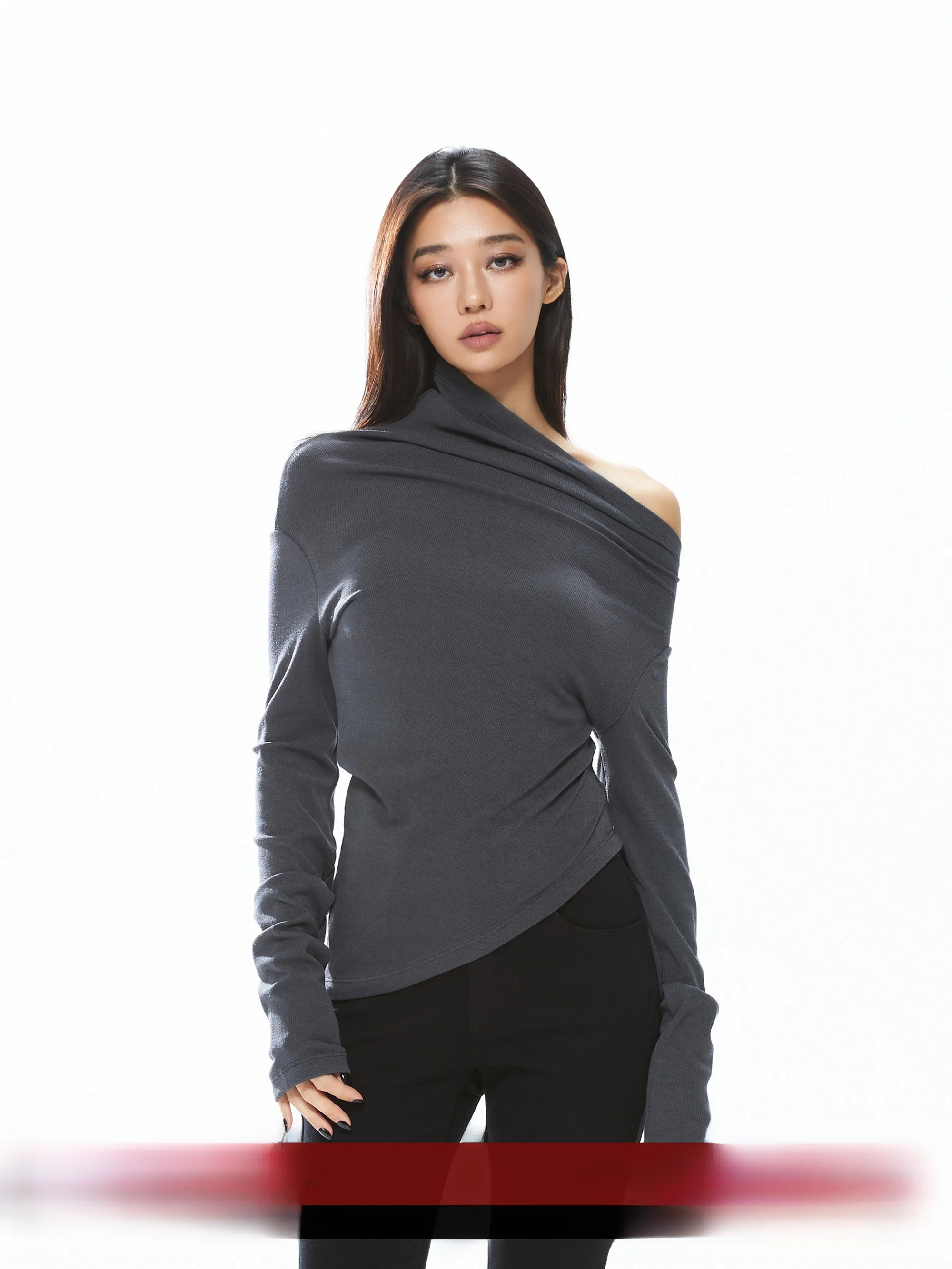 

Ele Long Sve Knitted Base irt Multi-Way Elastic Asymmetrical Design Comfortable Stretch Polyester Blend Casual Top