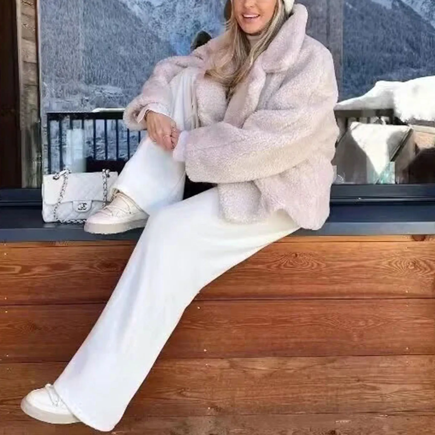 معطف فضفاض مناسب لفرو الضأن ort Jaet للسيدات للخريف جديد Sle طويل Sve بياقة مقلوبة مع كيتات وديكور مدبب للقمح... #4