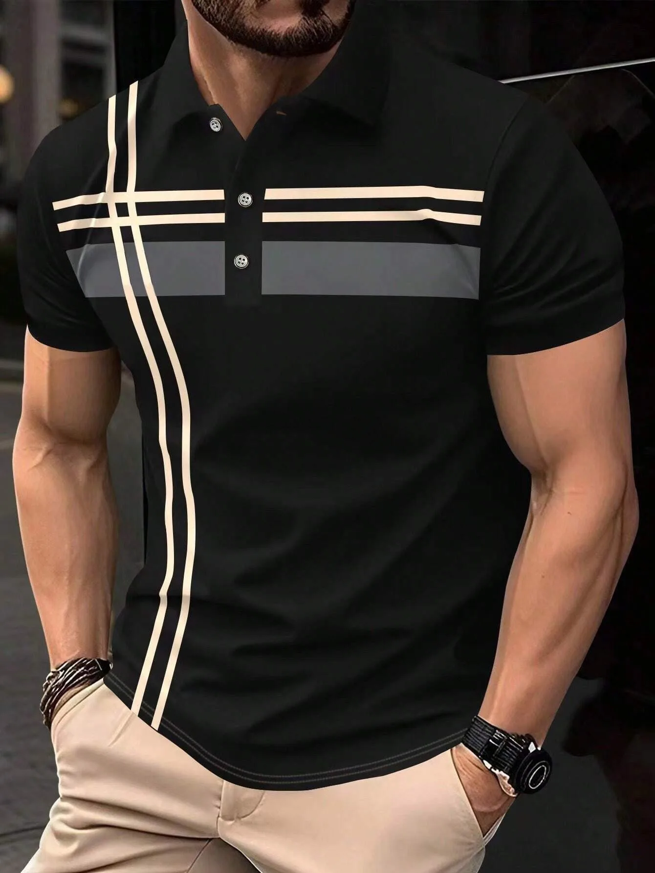 

Fashion Stripe Print Polo T Shirt For Men Casual Lapel Loose Short Sleeve Tops Business Golf Clothing Comfortable Trend T-shirt