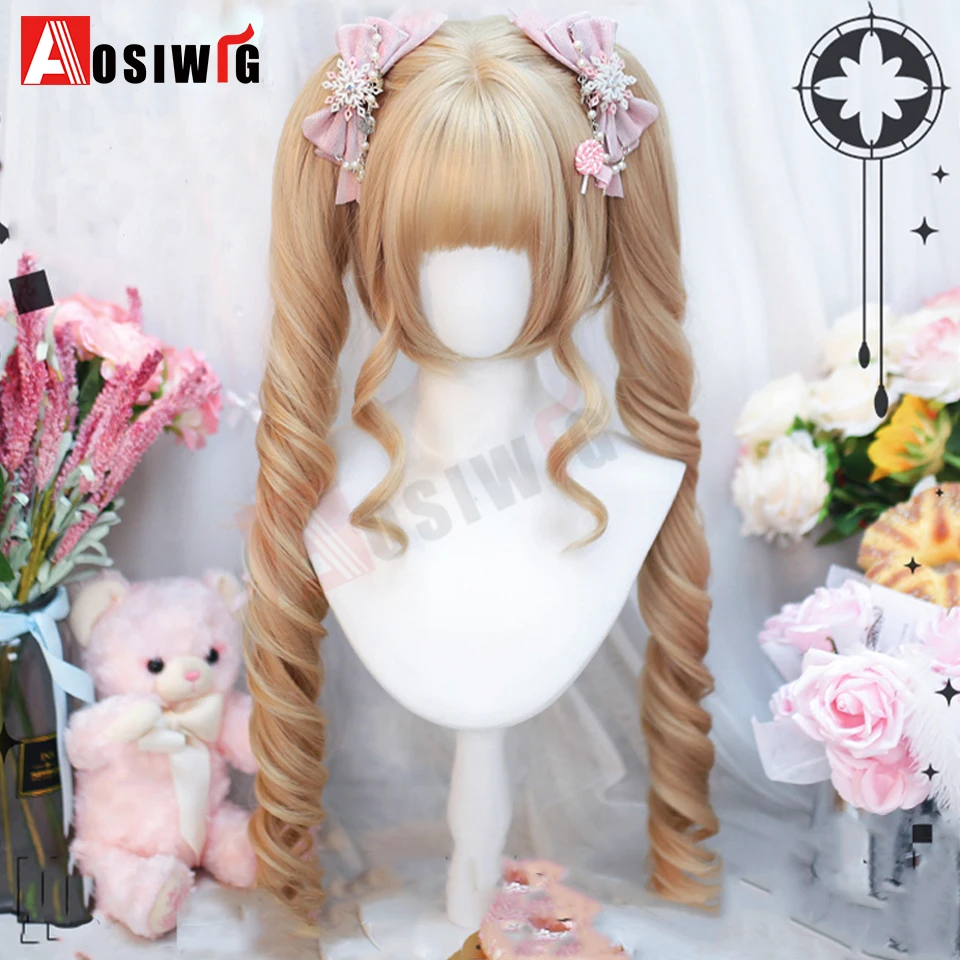 Synthetic Princess Cut Double ponytail Lolita Wig with Bangs Girl Ombre Blonde brown White gray Cosplay Halloween Harajuku wig