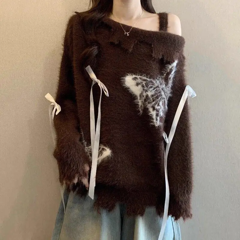 

Свитер трикотаж женская одежда с открытыми плечами сладкий пряный свитер с бабочкой женский осенне-зимний новый плюс размер