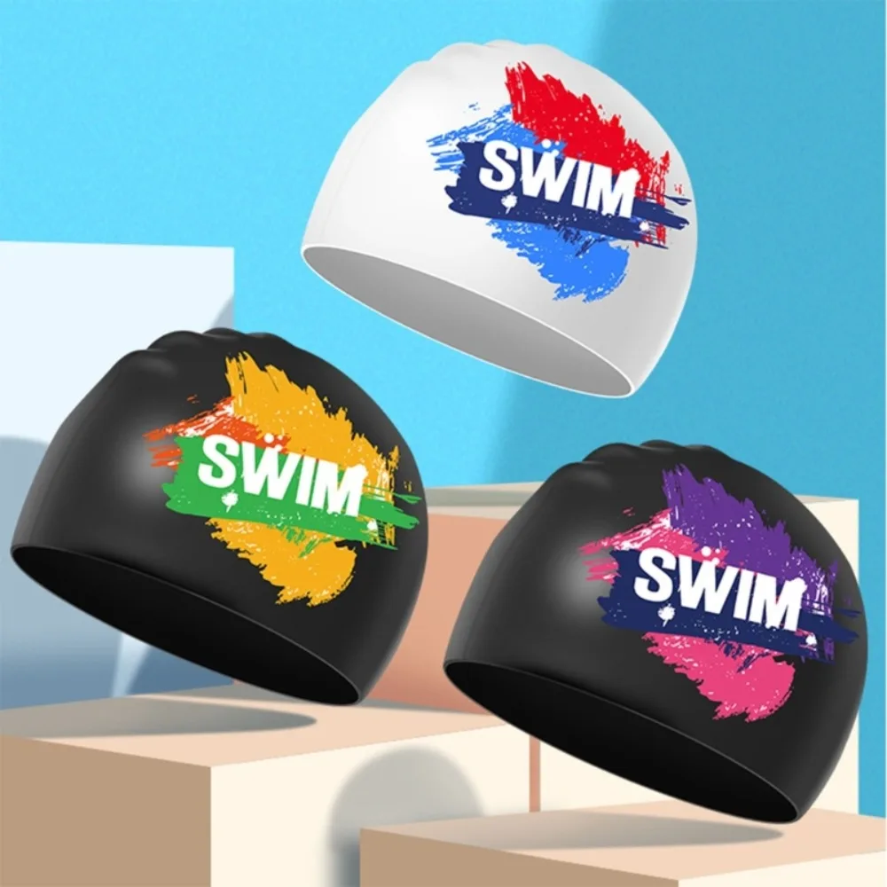 Waterproof Silicone Elastic Ears Protect Long Hair Silicone Swimming Hat Elastic Diving Hat Letter Swim Cap Swimming Caps